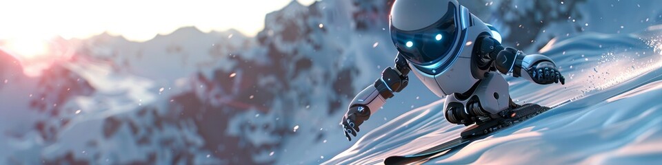 3D robot as a ski instructor, sliding down slopes with ease, its eyes glowing warmly against the snowy backdrop - obrazy, fototapety, plakaty