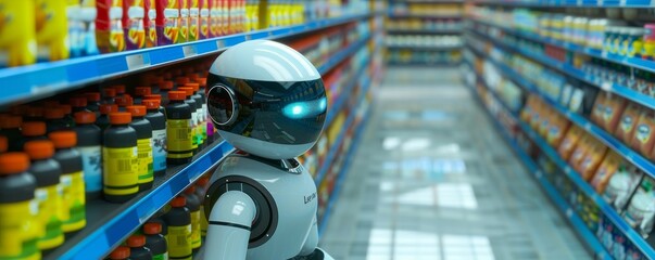 3D robot in retail, managing inventory and assisting customers in shopping centers, enhancing the retail experience with AI