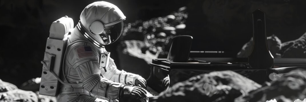 3D robot astronaut playing the piano on an asteroid
