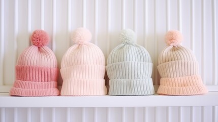 A row of charming baby hats in various pastel shades, adding a touch of sweetness to a nursery.