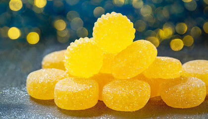 Pile of yellow jelly candies. Sweet treat.