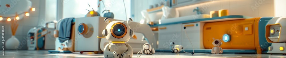 Poster a 3d depiction of a cute robot pet nursery, with tiny robots playing, charging, and learning in a fu