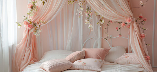Elegant Empty Pink Canopy Bed. Close-up cozy girlish bedroom featuring a canopy bed draped with delicate curtains, flowers and soft pillows.