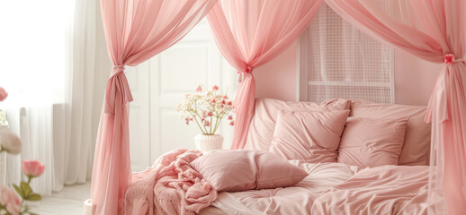 Elegant Empty Pink Canopy Bed. Close-up cozy girlish bedroom featuring a canopy bed draped with delicate curtains, flowers and soft pillows. - obrazy, fototapety, plakaty