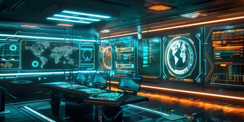 A 3D depiction of a future neon command center, with glowing screens and holographic global monitoring systems