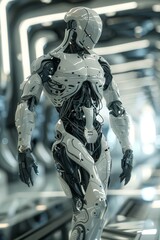 A 3D depiction of a cybernetic organism, blending advanced robotics with human features, in a high-tech facility