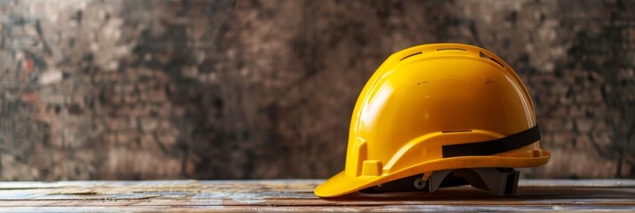 Yellow protection helmet on simple industrial background. Occupational safety, work, building concept. Wide banner photo for news, advertisement, flyer, social networks, presentation.