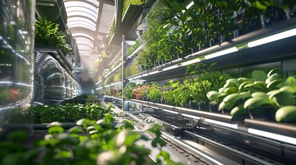 A 3D depiction of a future urban farm, with vertical gardens and automated systems for sustainable agriculture