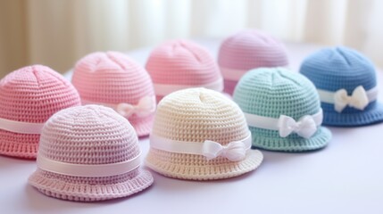 A row of charming baby hats in various pastel shades, adding a touch of sweetness to a nursery.