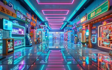 Fototapeta premium A 3D depiction of a neon-themed shopping mall in the future, with digital storefronts and interactive ads