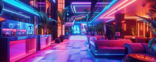 A 3D depiction of a neon-themed luxury hotel in the future, with glowing suites and holographic concierge services - obrazy, fototapety, plakaty