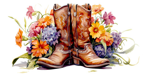cowboy boots with a yellow and lavender floral bouquet in a side view PNG, in a Country decor-themed, isolated, and transparent watercolor illustration. Generative ai - obrazy, fototapety, plakaty