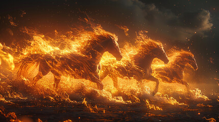 Three horses are running in the air with flames coming out of their manes. The image has a fiery and energetic mood, with the horses appearing to be in motion.