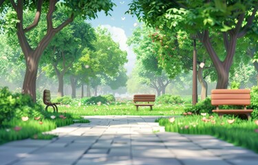 A 3D digital park scene with cartoon benches and trees, creating a peaceful and cute backdrop with advertising space