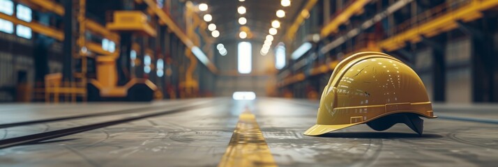 Yellow protection helmet on industrial background. Occupational safety, work, building concept. Wide banner photo for news, advertisement, flyer, social networks, presentation.