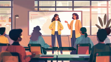 Amidst the attentive gaze of her colleagues, a girl stands confidently at the front of the office, using the board to articulate her ideas and engage the audience, ensuring that ev - obrazy, fototapety, plakaty