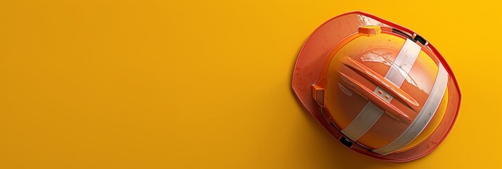 Orange protection helmet on simple yellow background. Occupational safety, work, building concept. Wide banner photo for news, advertisement, flyer, social networks, presentation.