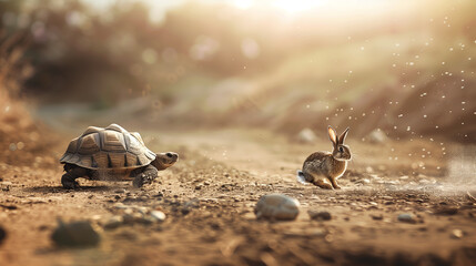 Grunge Turtle and Hare Race. tortoise leading in a hare race in strategy and leadership concept, Ai generated image