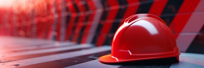 Red protection helmet on red industrial background. Occupational safety, work, building concept. Wide banner photo for news, advertisement, flyer, social networks, presentation.