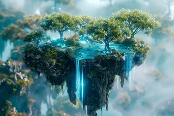 A 3D model of a floating enchanted forest on a small planet, with bioluminescent trees and floating waterfalls