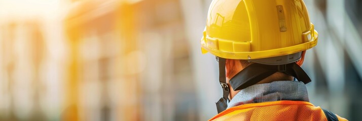 Man in worker uniform standing before blurred construction site. Occupational safety, work, building concept. Wide banner photo for news, advertisement, flyer, social networks, presentation.