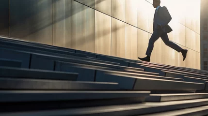 Fotobehang A man in a business suit walking up the stairs outside © MP Studio