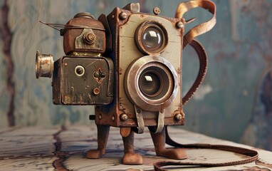 A 3D model of a whimsical film camera, with a lens that blinks like an eye and a strap that waves like a tail