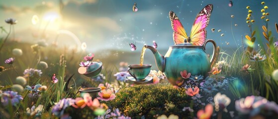 A 3D model of a whimsical teapot with butterfly wings, pouring rainbow tea into floating cups in a dreamy landscape - obrazy, fototapety, plakaty