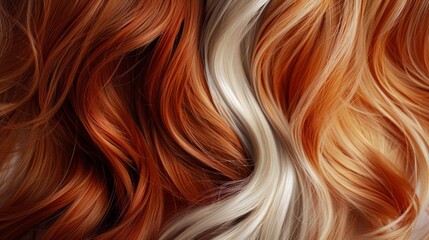 Spectrum of hair shades from platinum to deep auburn flowing together. Tresses in technicolor. A vivid spectrum from platinum blonde to deep auburn - obrazy, fototapety, plakaty