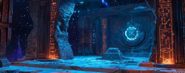 A 3D model of an ancient alien temple, with star maps and cosmic runes glowing on its walls