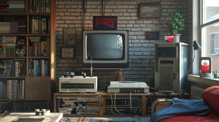 A 3D model of an early video game console setup in a living room, complete with a cathode-ray tube TV and wired controllers - obrazy, fototapety, plakaty