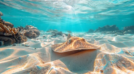 Stingray gliding over ocean floor among corals