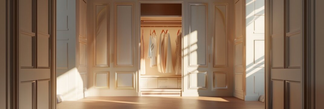 A 3D model of a wardrobe door opening to a world where clothes dance in sync to a wardrobe symphony