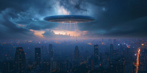 A UFO hovering above a city at twilight time