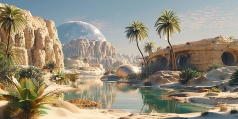 A 3D model of an otherworldly oasis on a desert planet, with water sourced from interstellar ice comets