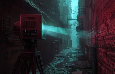 A 3D news projector in a dystopian alley, casting stories of future societies, with room for text on the side