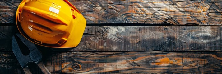 Orange protection helmet on brown wooden background. Occupational safety, work, building concept. Wide banner photo for news, advertisement, flyer, social networks, presentation.