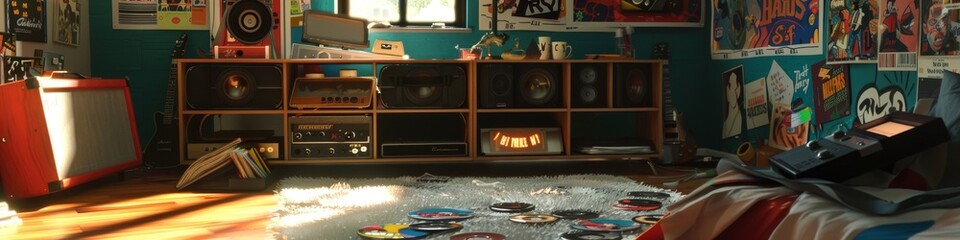 A 3D rendering of a 1990s teenager's bedroom, with band posters, a boombox, and CDs scattered around - obrazy, fototapety, plakaty