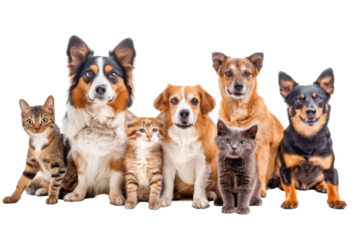 Group of Happy dogs and cats that looking at the camera together isolated on transparent background, Row of friendship between dog and cat, amazing friendliness of the pets.