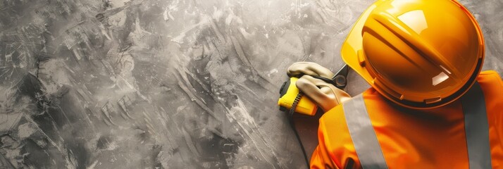 Man in worker uniform works on concrete floor. Occupational safety, work, building concept. Wide banner photo for news, advertisement, flyer, social networks, presentation.