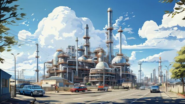 Industrial oil refinery petrochemical chemical plant with equipment and tall pipes