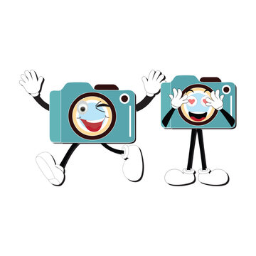 Camera Retro Mascot Character cartoon, camera mascot is smiling and with thumbs up. Vector hand drawn illustration