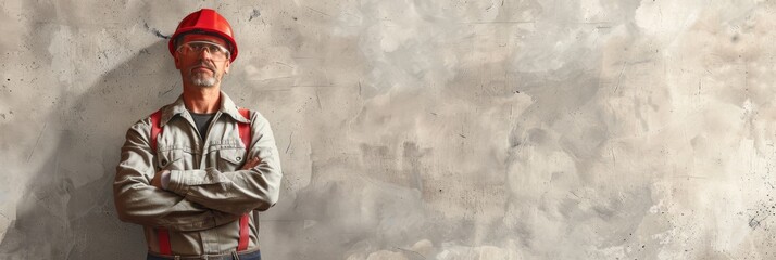 Man in worker uniform standing in front of concrete wall. Occupational safety, work, building concept. Wide banner photo for news, advertisement, flyer, social networks, presentation.
