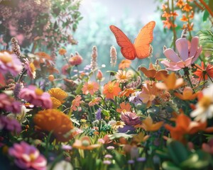 Obraz na płótnie Canvas A 3D-rendered garden scene with animated flowers and butterflies, offering a serene and cute setting for ads