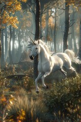 Obraz na płótnie Canvas A 3D unicorn galloping through a 3D forest.