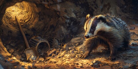 A badger as a miner, digging through underground tunnels in search of gems - obrazy, fototapety, plakaty