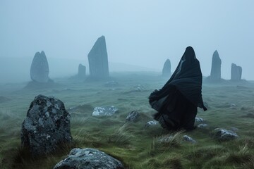 A banshee from Irish folklore, her wailing heard across the misty moors, foretelling doom near ancient stone circles - obrazy, fototapety, plakaty