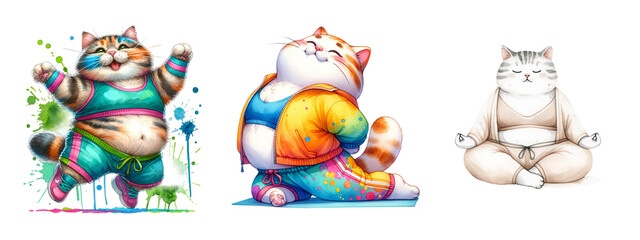 Watercolor cute cat yoga on white background.Isolated image.