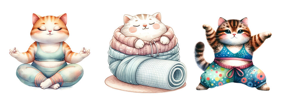 Watercolor cute cat yoga on white background.Isolated image.