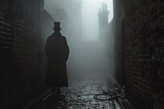 A foggy Victorian London alley, with the shadowy figure of Jack the Ripper looming, his silhouette barely visible in the mist
